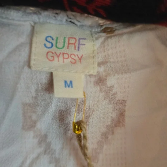 Surf Gypsy Island Tribal Top‎ M Caramel White Boho Peasant Blouse Crochet Beach - Picture 11 of 11